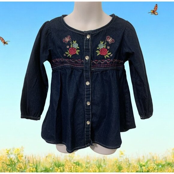 Real Love Girls Button Front Jean Shirt Size 4T Embroidered Flowers Long Sleeve - Picture 2 of 9